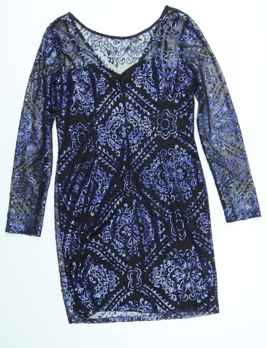 Dalia Womens Blue Geometric Fit & Flare Size L