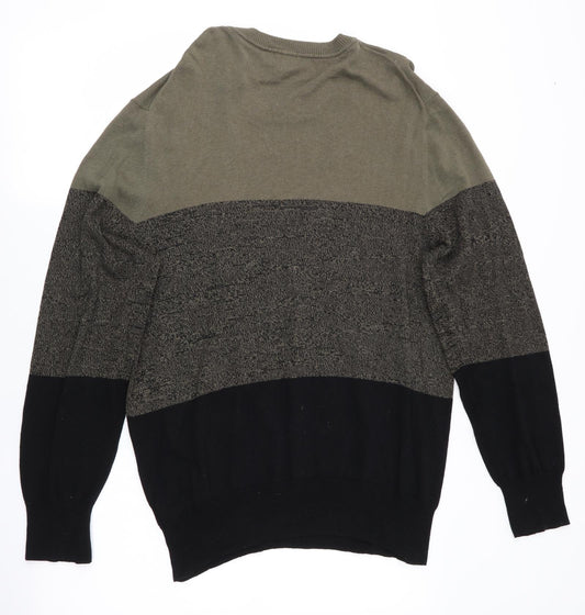 H&M Mens Green Striped Pullover Jumper Size L