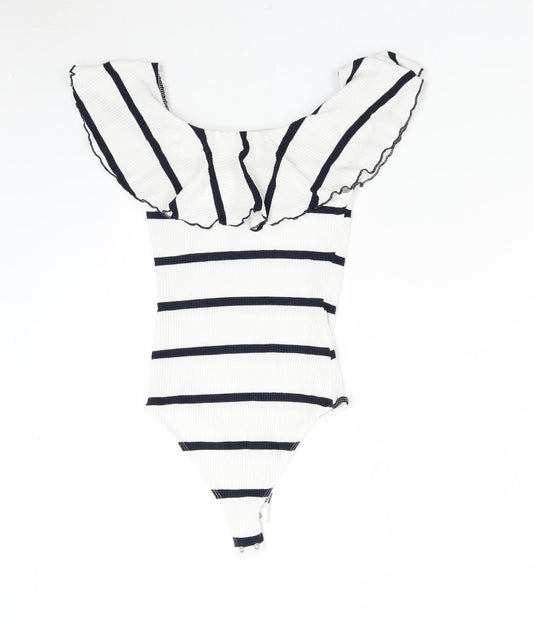 Bershka Womens White Striped Bodysuit One-Piece Size S