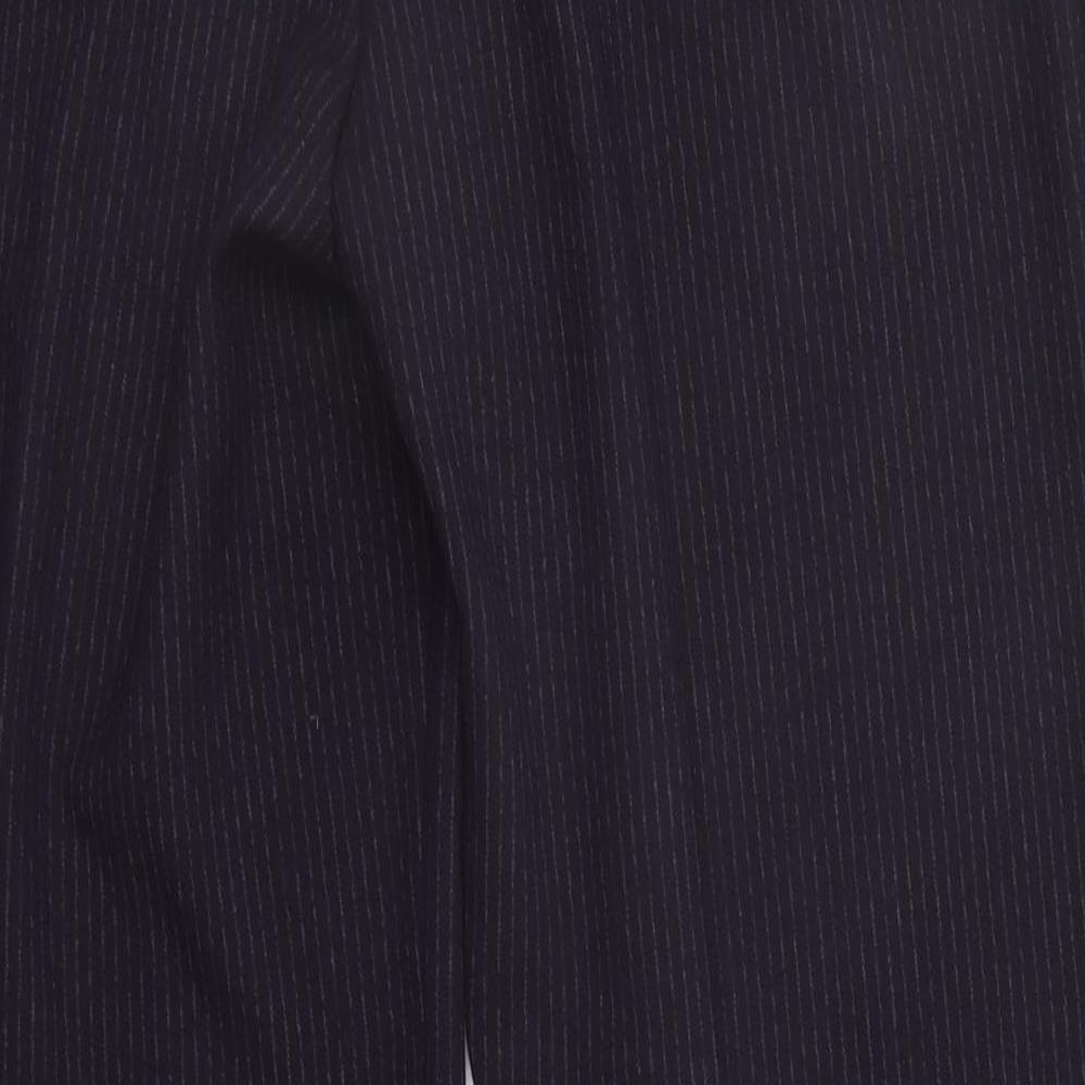 Brand and care label for NEXT women’s blue striped trousers, size UK 16, 28-inch leg