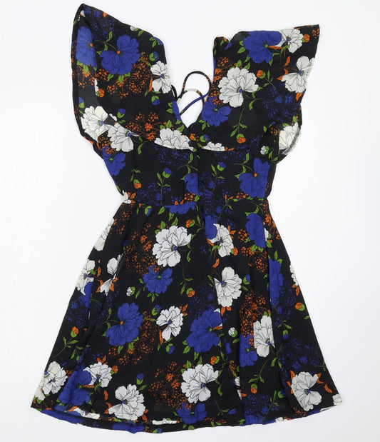 Boohoo Womens Black Floral Fit & Flare Size 10