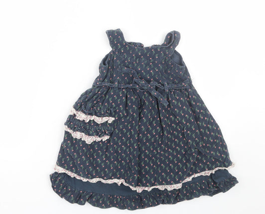 Feu Foney Girls Blue Floral Corduroy Tank Dress Size 2-3 Years