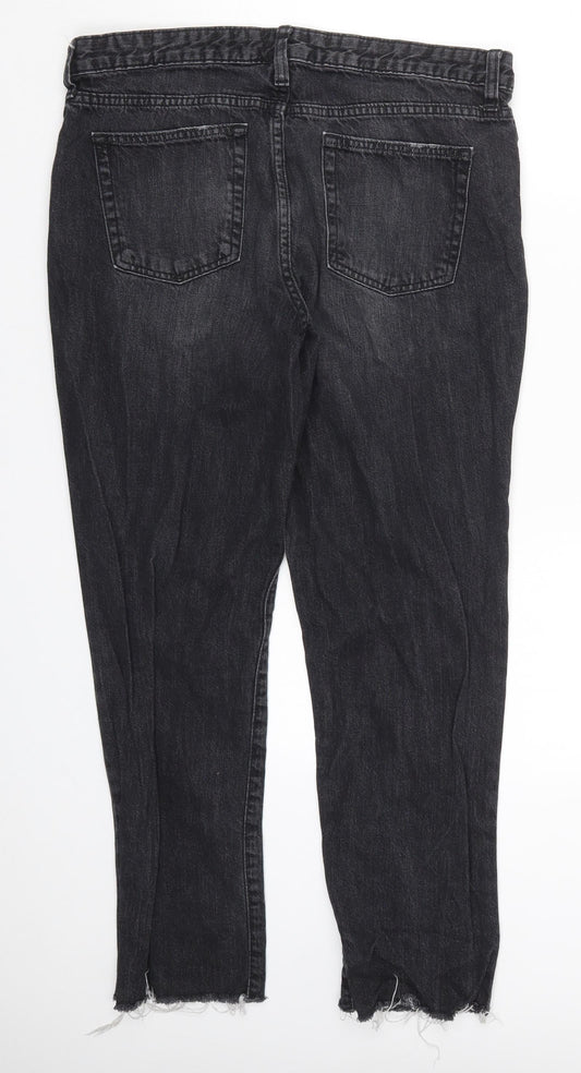 Gap Womens Black Denim Boyfriend Jeans Size 34 in L27 in - Distressed Hem Ankle Grazer