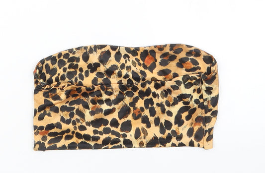 PRETTYLITTLETHING Womens Brown Animal Print Satin Cropped T-Shirt Size 4 - Boob Tube