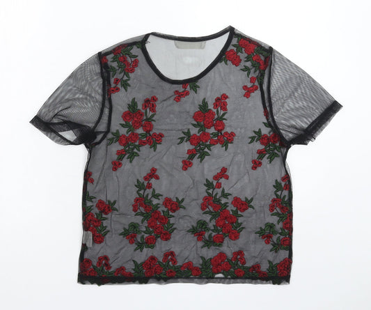 Preworn Womens Black Floral Basic T-Shirt Size S