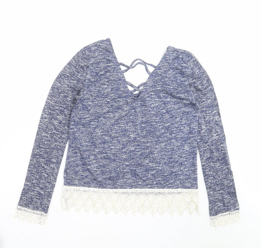 Preworn Womens Blue Knit Pullover Jumper Size 8 - crochet hem