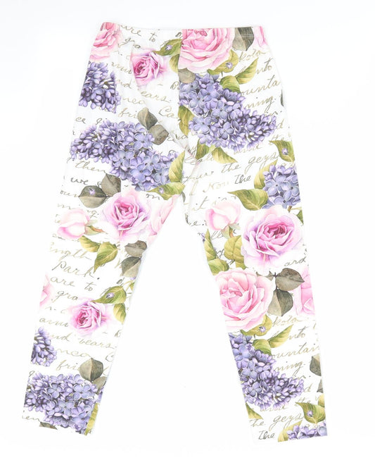 Monalisa Girls White Floral Pyjama Pants Size L - Pink Purple Flowers Cropped