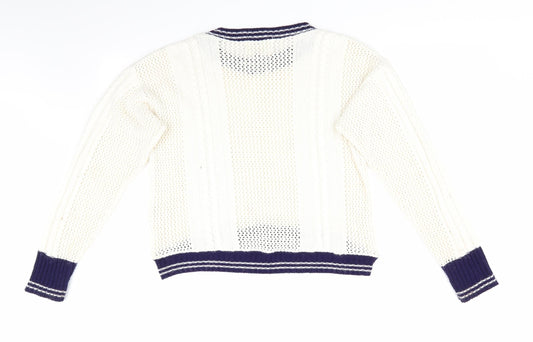 Blonde & Blonde Womens Ivory Pullover Jumper Size 14 - Cable & Open Knit Blue Neck Hem Cuff Trim