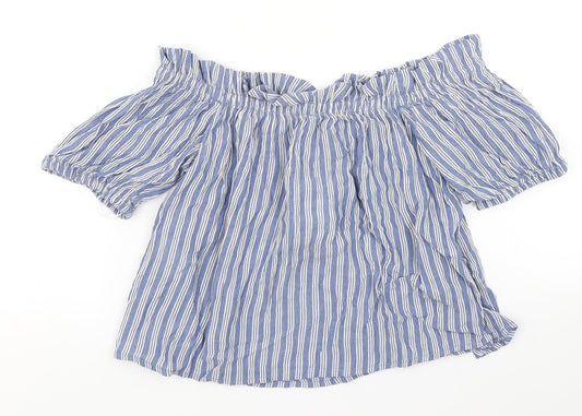 Bershka Womens Blue Striped Cropped T-Shirt Size S