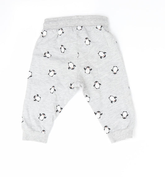 H&M Boys Grey Animal Print Jogger Trousers Size 9-12 Months - Penguin Print