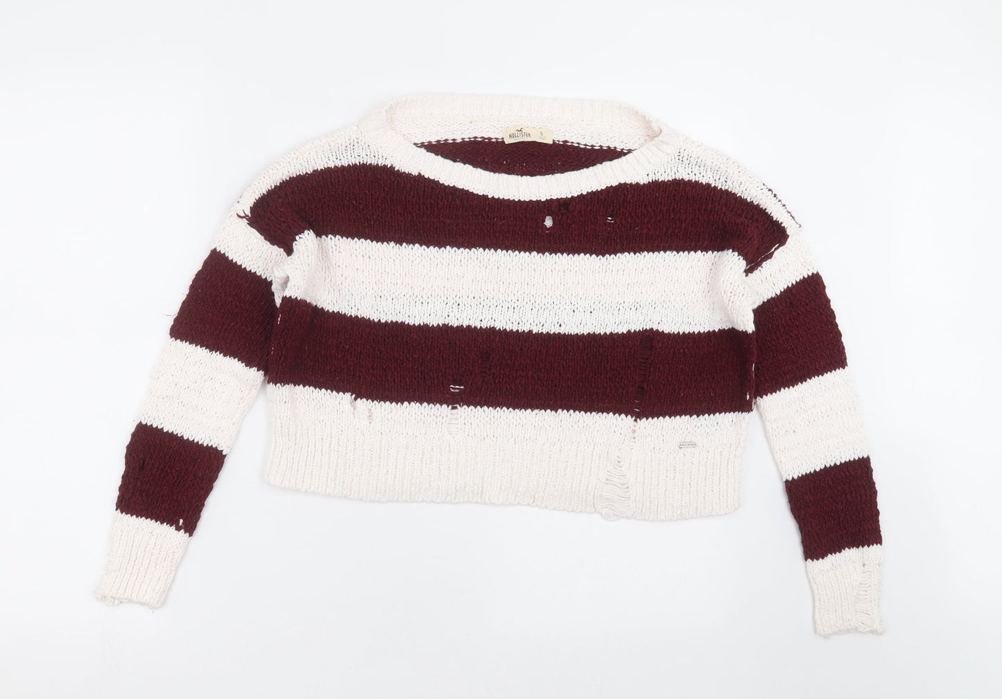 Hollister Womens White Striped Knit Pullover Jumper Size S  - distressed, cropped