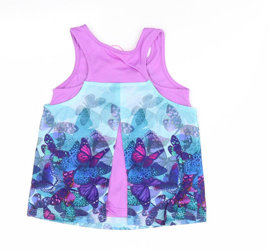 Monsoon Girls Purple Animal Print Basic Tank Size 5-6 Years - Butterfly Print - Layered Aqua & Purple Lower Back Vented