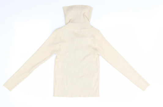 Cherry Koko Womens Beige Striped Henley Jumper Size M - High Heck Henley Skinny Ribbed Style