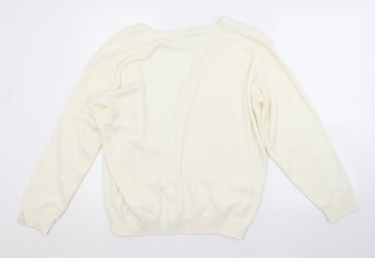MERRY GOLD LONDON Womens White Argyle/Diamond Cardigan Jumper Size L