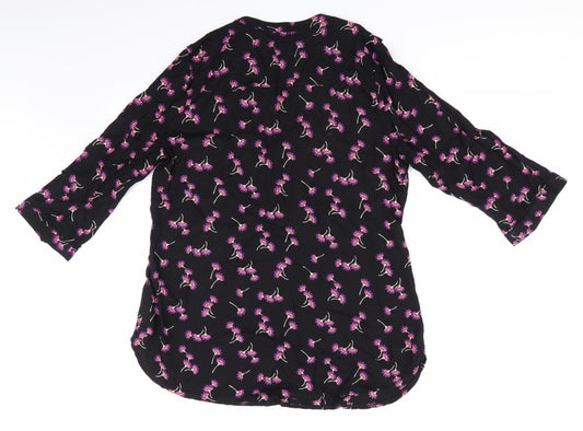Peacocks Womens Black Floral Basic Button-Up Size 10 - Pink Orange Purple Flowers Adjustable Sleeve Length