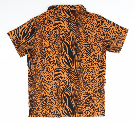 I Love Fancy Dress Womens Orange Animal Print Basic Button-Up Size S - Black Print