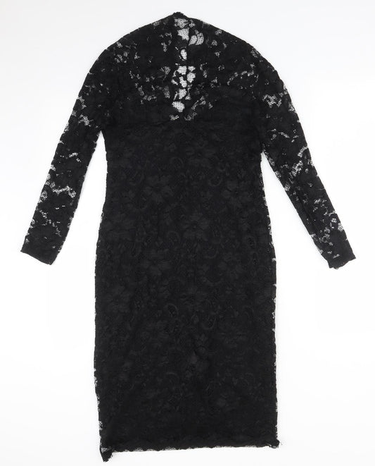 ASOS Womens Black Floral Nylon Bodycon Size 8 V-Neck