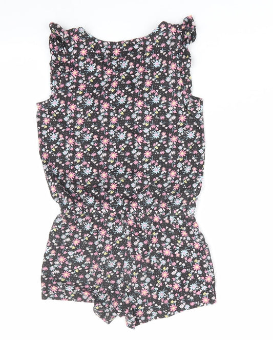 Lilly & Dan Girls Black Floral Cotton Shorts One-Piece Size 5-6 Years - Pink Blue Yellow Flowers