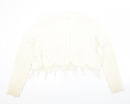 PRETTYLITTLETHING Womens White V-Neck Acrylic Pullover Jumper Size S