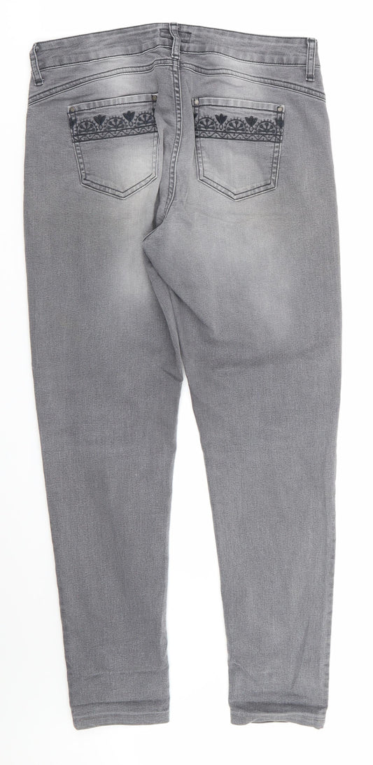 Monsoon Womens Grey Floral Cotton Straight Jeans Size 12 L27 in Regular - Embroidered back pockets