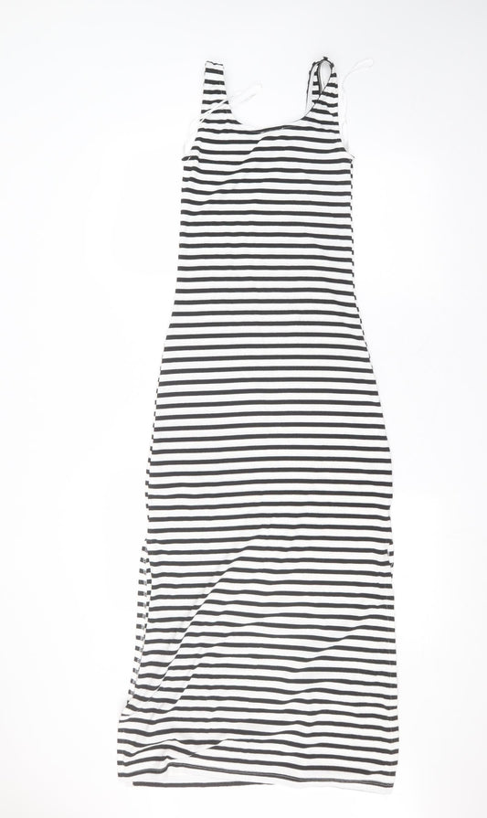 New Look Womens White Striped Polyester A-Line Size 8 Round Neck