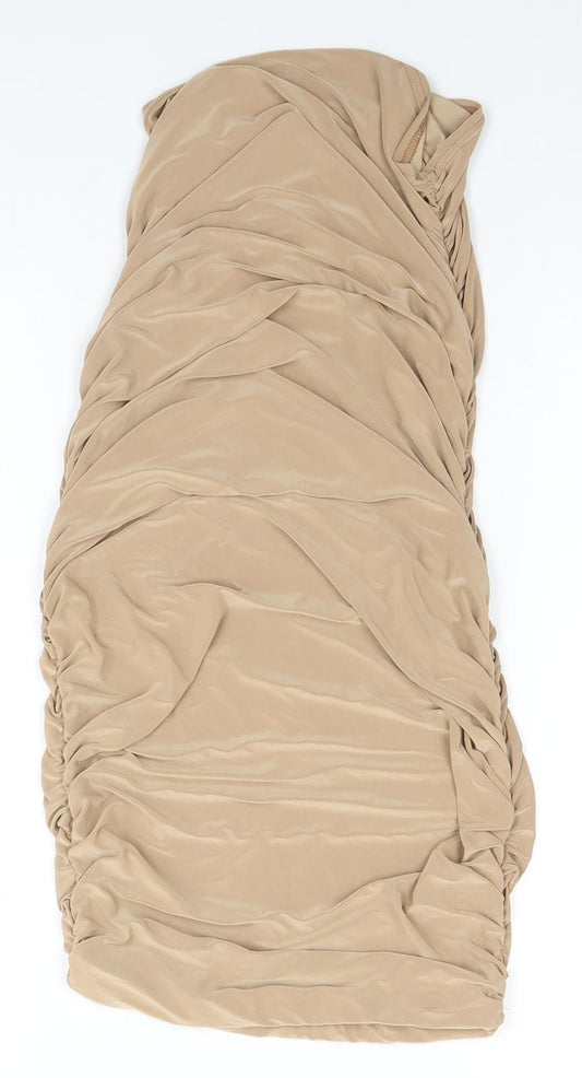 Boohoo Womens Beige Polyester Pencil Dress Size 10 Off the Shoulder