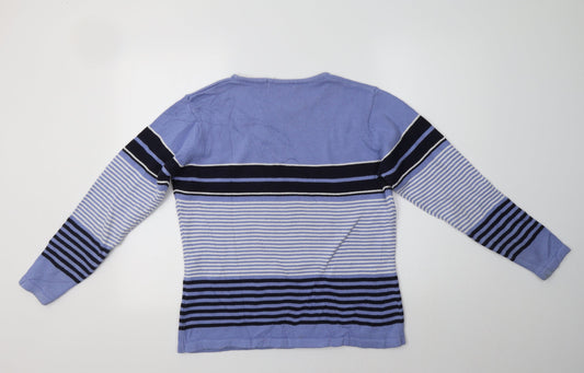 EWM Womens Blue Crew Neck Striped Cotton Pullover Jumper Size M