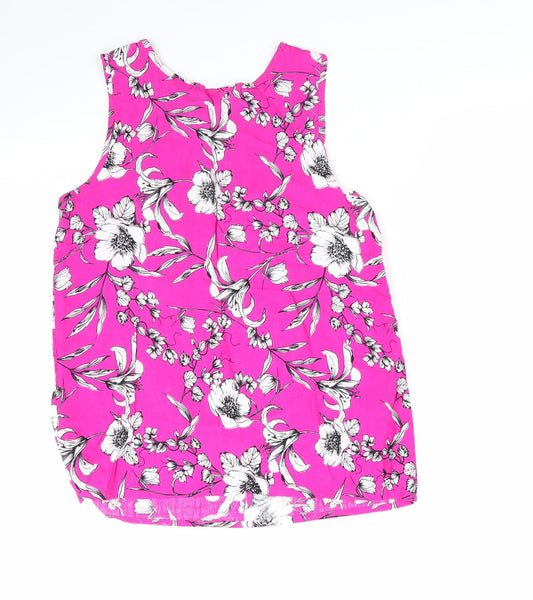 Le Macro Womens Pink Floral Basic Blouse Size S Round Neck - White Grey Flowers Cerise