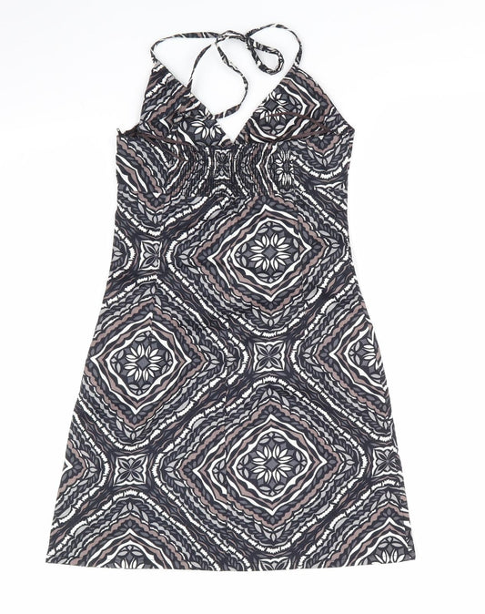 H&M Womens Grey Geometric A-Line Size 6 Halter - Side Zip Black Grey Taupe White Back Elastication