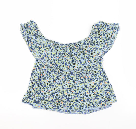 Topshop Womens Blue Floral Polyester Basic Blouse Size 6 Boat Neck