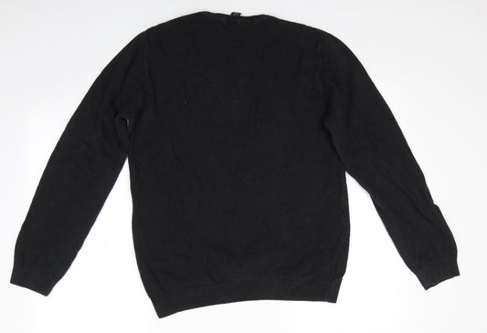 Cedar Wood State Mens Black Round Neck Cotton Pullover Jumper Size M - Waffle Texture