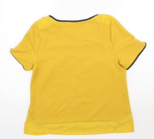 Oasis Womens Yellow Polyester Basic T-Shirt Size M Round Neck - Faux Leather Detail