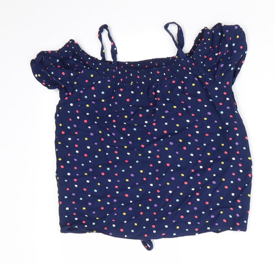 NEXT Girls Blue Polka Dot Viscose Basic Blouse Size 8 Years Off the Shoulder - Tie Front Off Shoulder with straps Multi Colour Polka dots