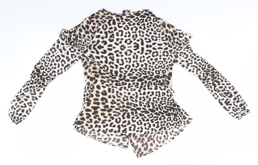 Preworn Womens Brown Animal Print Polyester Basic Blouse Size 8 Round Neck