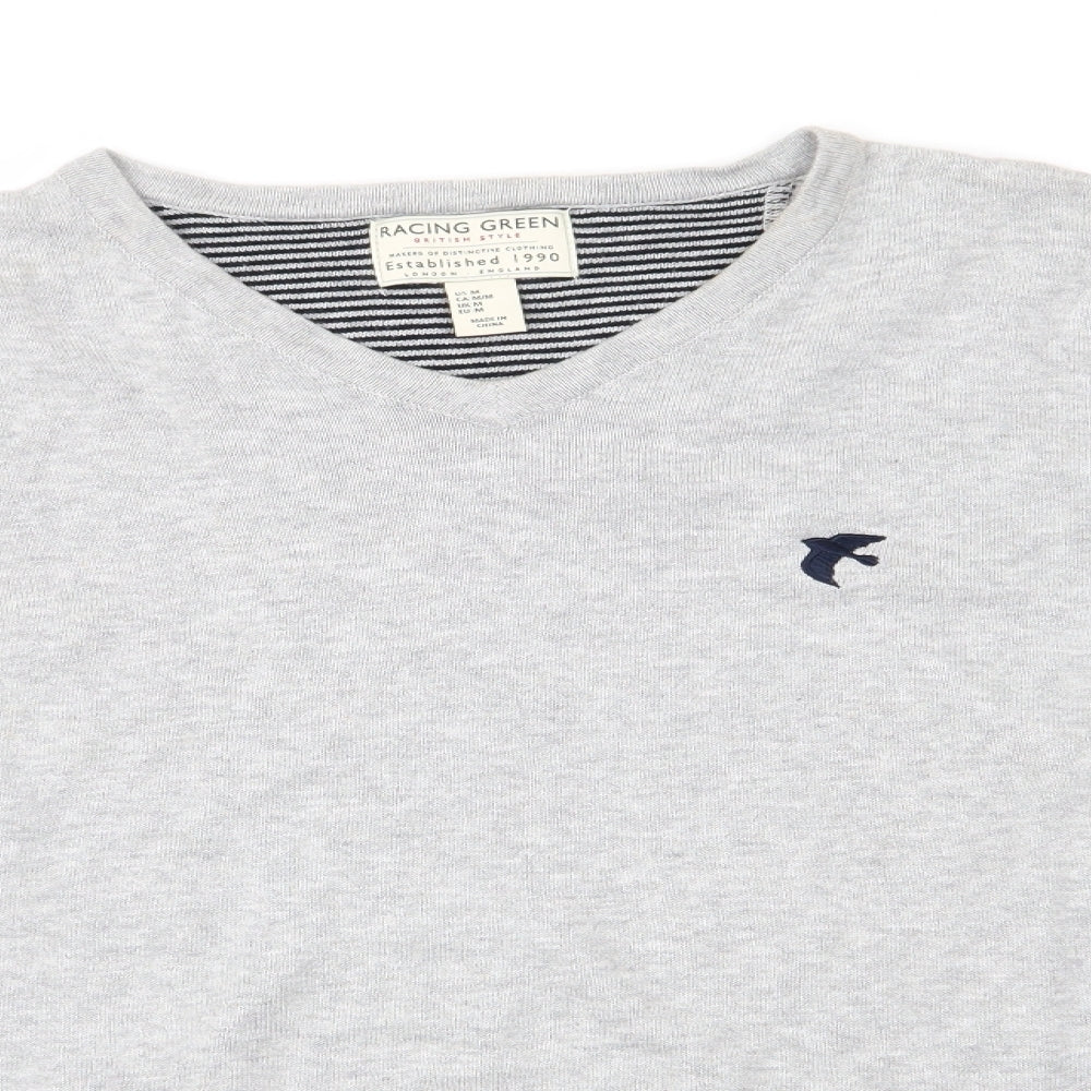 Racing Green Mens Grey V-Neck Cotton Pullover Jumper Size M - Pale Grey Bird Graphic