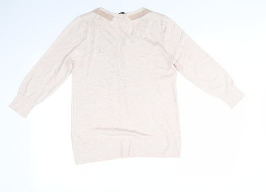 Oasis Womens Beige Round Neck Polyester Pullover Jumper Size L - Glitter Trim to collar and centre Pinkish Beige