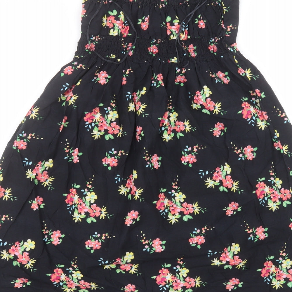 Matalan Womens Black Floral Cotton A-Line Size 8 V-Neck