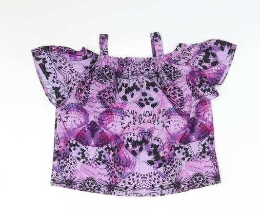 TU Girls Purple Floral Polyester Basic T-Shirt Size 10 Years Off the Shoulder - BUTTERFLY