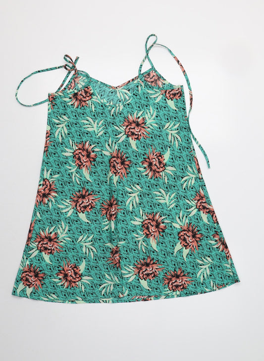 New Look Womens Green Floral Polyester A-Line Size 8 V-Neck