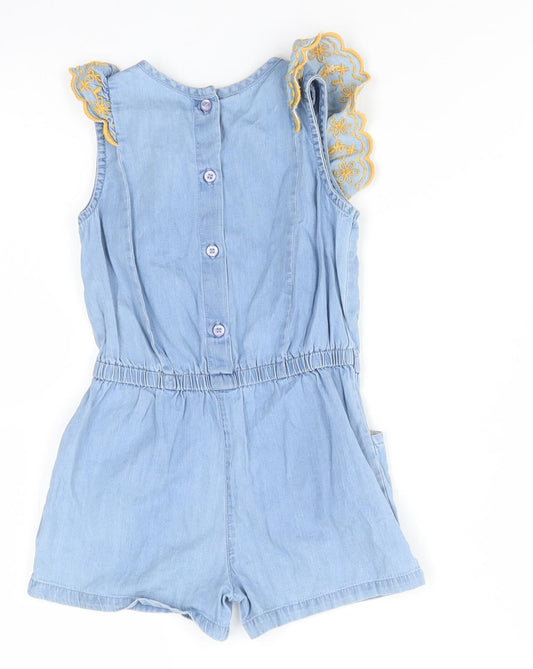 Matalan Girls Blue Floral Cotton Shorts One-Piece Size 2-3 Years - Ruffle with yellow embroidery