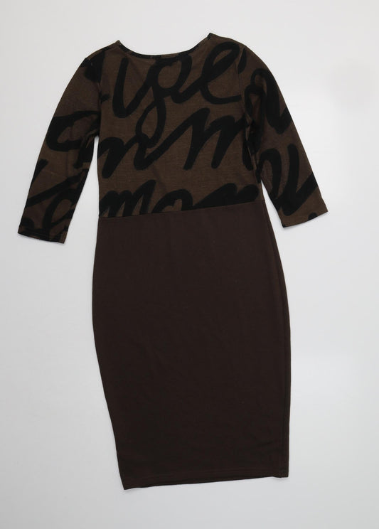 Indulgence Womens Brown Geometric Polyester Bodycon Size S Crew Neck