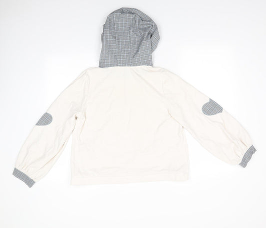 Unbl Womens Ivory Animal Print Pullover Hoodie Size M - I am a Rabbit I like Radish! Fabric Hood Cuffs Elbow pads