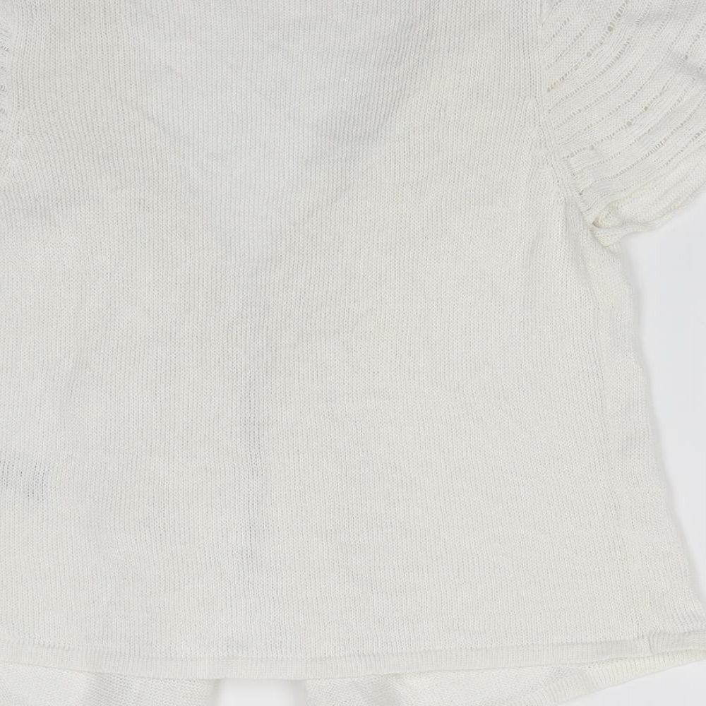 Marks and Spencer Womens White V-Neck Flax Cardigan Jumper Size 10 - Frilled front Hook & eye