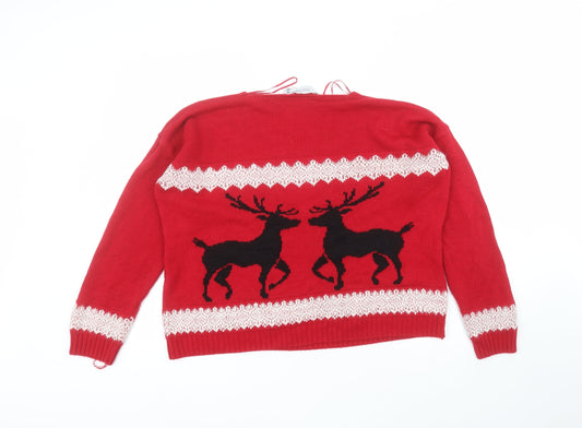 PREVIEW Womens Red Round Neck Acrylic Pullover Jumper Size M - christmas