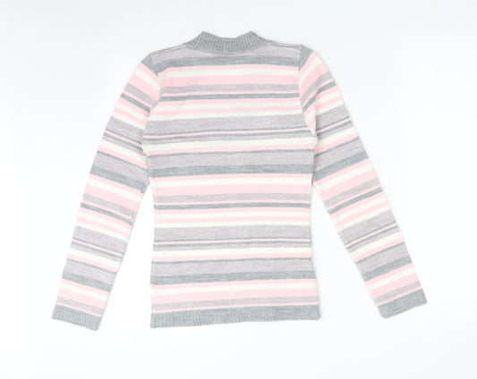 Logo Womens Multicoloured Striped Acrylic Basic T-Shirt Size L V-Neck