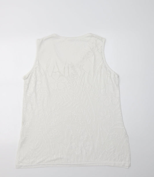 Preworn Womens White Floral Polyester Basic Tank Size L Scoop Neck