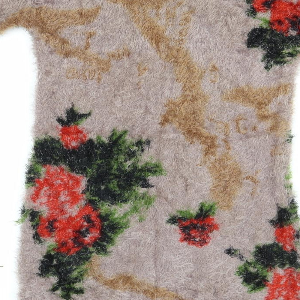 Caojianrong Womens Brown Round Neck Floral Acrylic Pullover Jumper