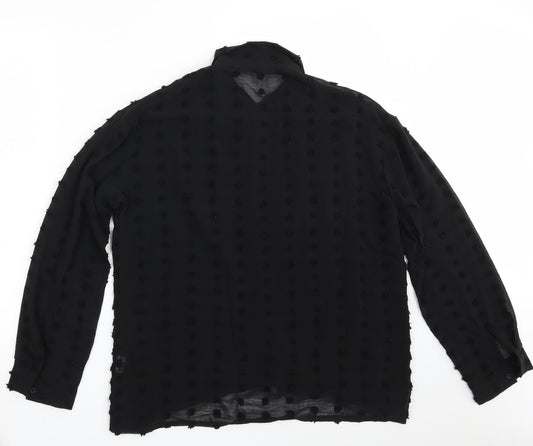 Preworn Womens Black Polka Dot Polyester Basic Button-Up Size L Collared