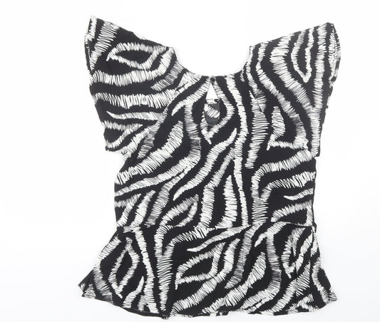 Peacocks Womens Black Animal Print Viscose Basic Blouse Size 10 Round Neck
