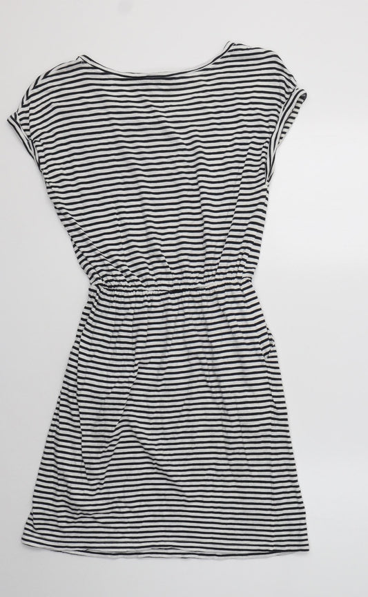 H&M Womens White Striped Cotton Fit & Flare Size XS Crew Neck